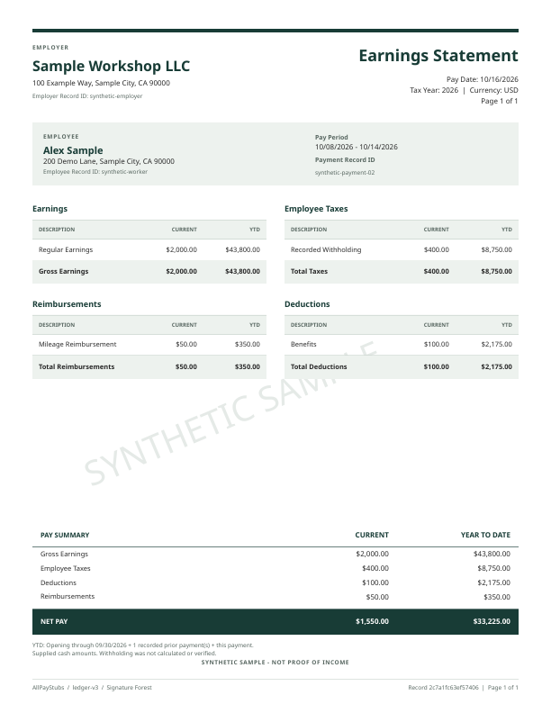 Signature Forest sample earnings statement for fictional Sample Workshop LLC