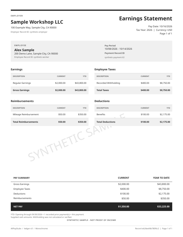 Monochrome sample pay statement with earnings, deductions and net pay